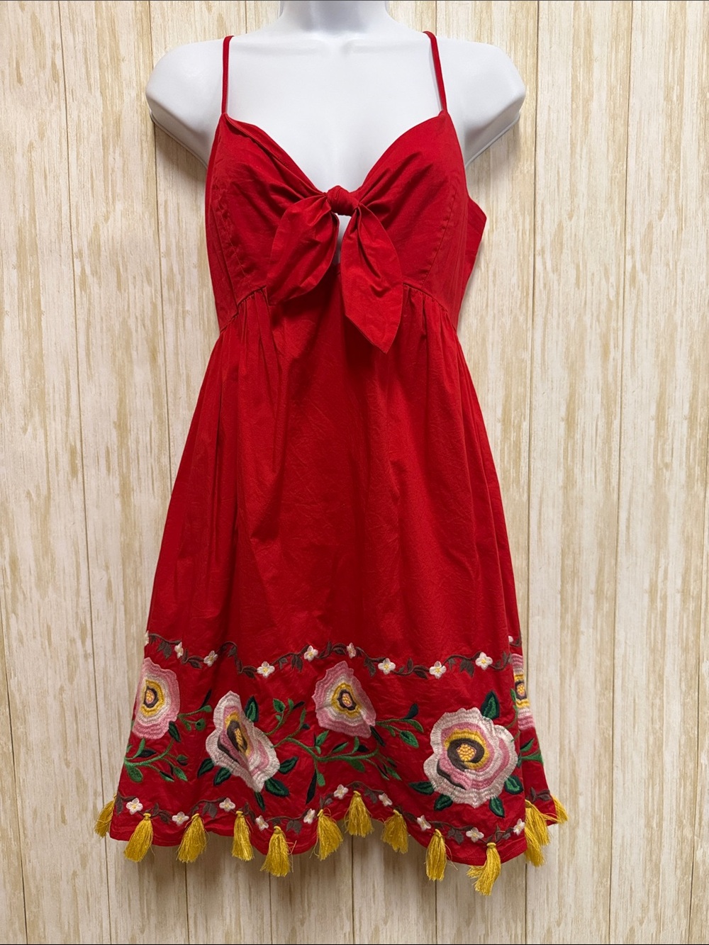 GB Red Embroidered Tie-Front Sundress with Tassel Hem